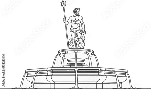 Line drawing of a statue of a man holding a trident atop a multi-tiered fountain