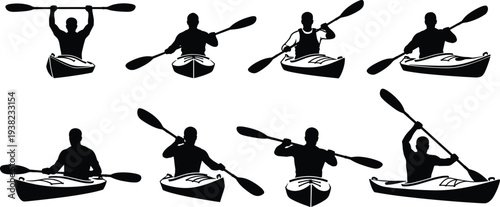 Kayaker silhouettes set in dynamic paddling poses, canoe and kayak sport action collection, black vector illustration isolated on white background