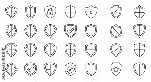 Collection of shield icons with diverse internal divisions and symbols