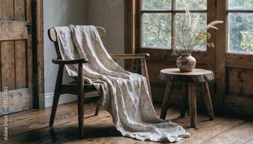 wabi sabi home decor Rustic wooden chair and side table with draped throw in sunlit room