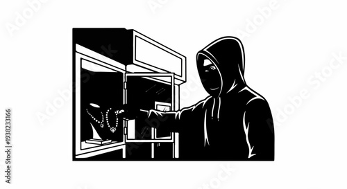 Masked thief in hooded sweatshirt steals jewelry from display case