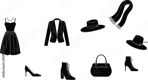 Women fashion clothing and accessories silhouette set with dress jackets boots handbag hats and scarf icon