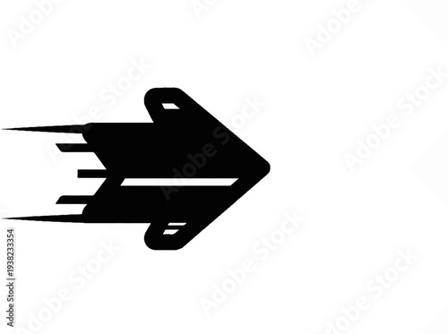A black arrow symbol with motion blur streaks indicating forward movement