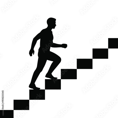 A silhouetted man ascends a staircase made of geometric blocks