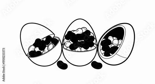 Black and white illustration of three open egg halves filled with jelly beans