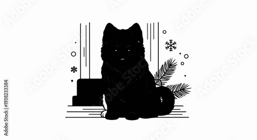 Black cat with snowflakes and pine branches in minimalist style