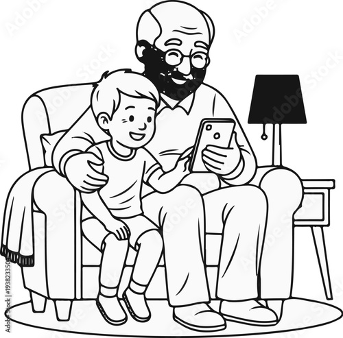 Happy grandfather and grandson share a tablet on the sofa, lit by a lamp