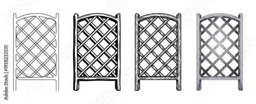 Four garden trellis designs, each featuring a unique artistic style, perfect for outdoor decor and climbing plant support.