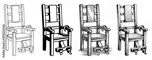 Restraint chair illustration in various styles depicting a historical method of punishment and control for legal systems.