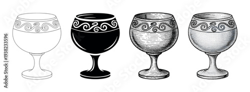 Four decorative wine glasses with various artistic styles illustrating different drawing techniques in a vintage black and white illustration.