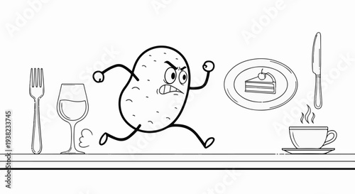 A cartoon potato with an angry expression runs away from food and drink