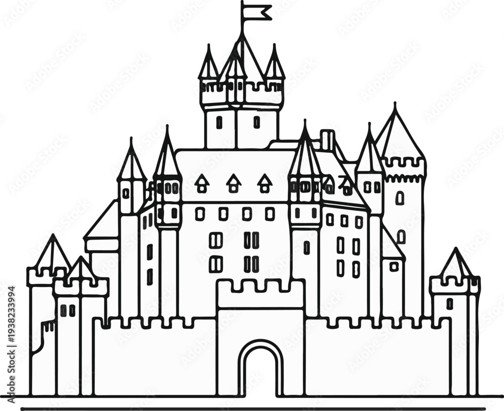 Obraz premium Detailed line drawing of a magnificent, multi-turreted medieval castle with a flag