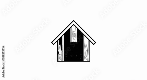 Black cat peeking out from a wooden house