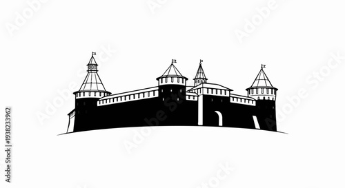 Black and white illustration of a fortified historical citadel with multiple towers