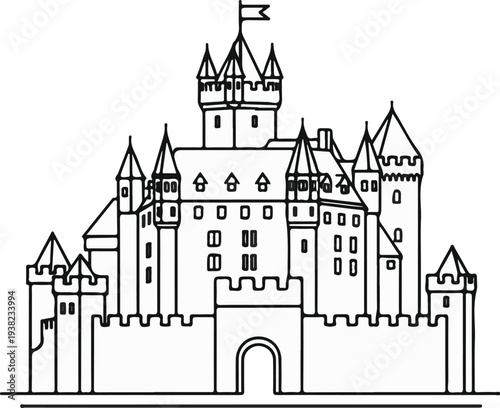 Detailed line drawing of a magnificent, multi-turreted medieval castle with a flag