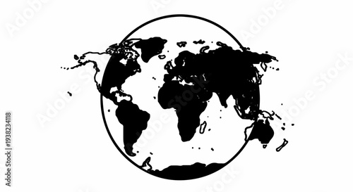 Black and white world map inside a circle outline
