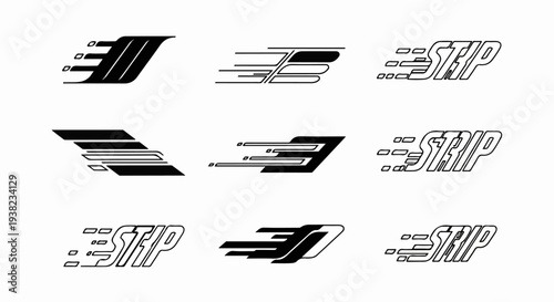 Collection of stylized logos with speed lines and abstract shapes