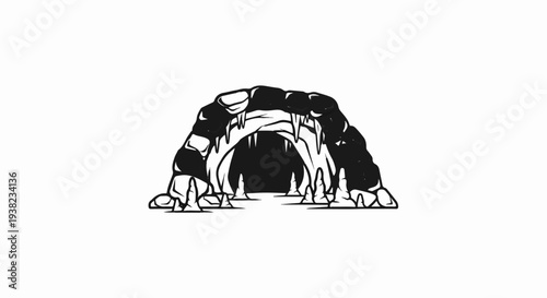 Dark cave entrance with jagged rocks and stalactites, stark outline