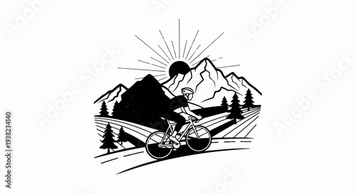 Cyclist rides through mountain landscape at sunrise