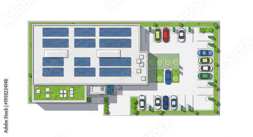 Aerial view of a modern building with solar panels on the roof and a parking lot.