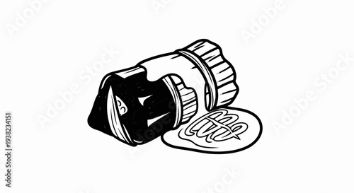 Black and white illustration of a spice grinder with spices spilled out