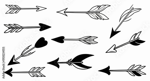 Collection of ten hand-drawn arrows, some solid black, some outlined