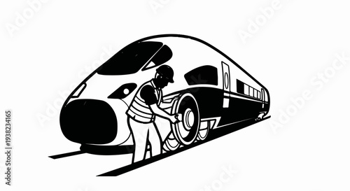 A person in a hard hat and vest inspects a train wheel on tracks