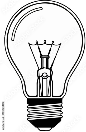 Black and white illustration of an incandescent light bulb with a visible filament
