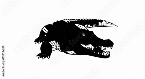 Black and white drawing of an alligator with its mouth open, baring sharp teeth