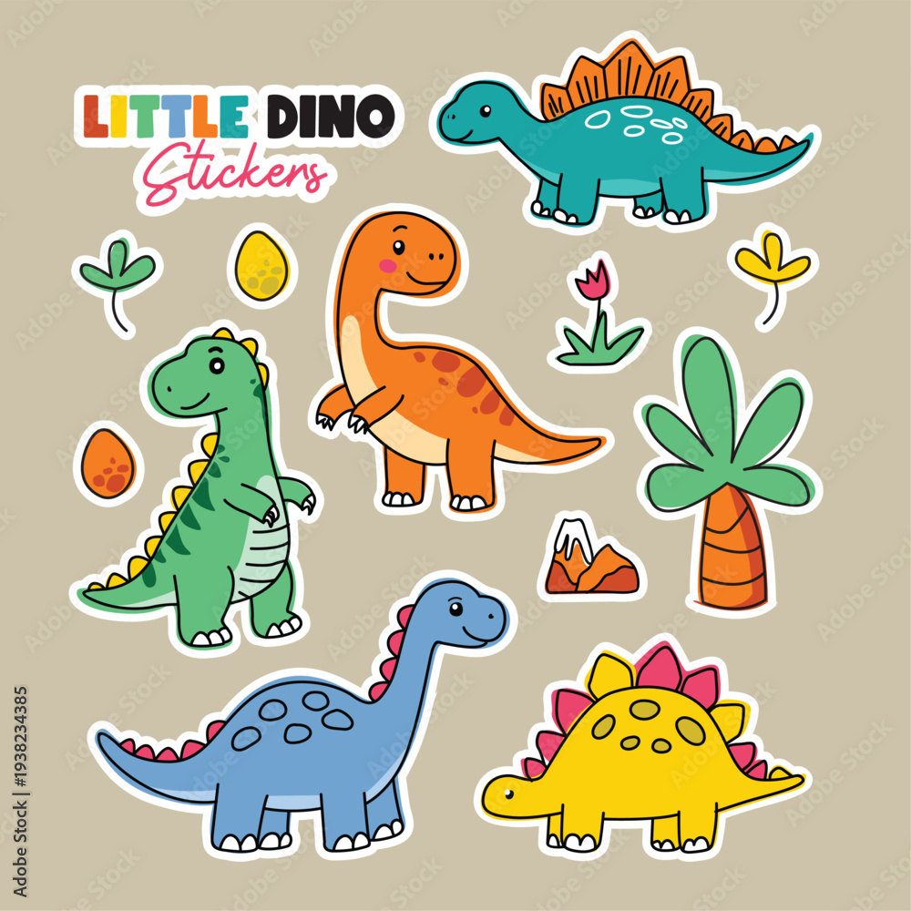 Obraz premium Cute Cartoon Little Dinosaur Stickers Set