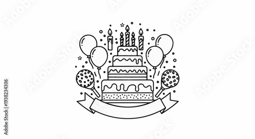Celebration cake with candles, balloons, confetti, and a banner
