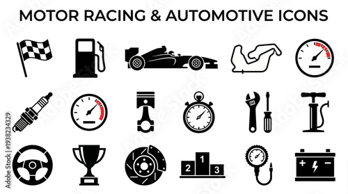 Set of black and white motor racing and automotive icons including formula car, flag and tools, concept for motorsport design, vehicle maintenance guide and sports infographics