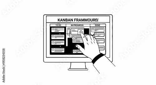 Hand interacts with a digital Kanban board on a monitor screen