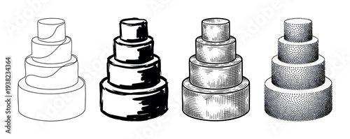 Collection of four tiered cakes depicted in diverse black and white illustration styles and techniques.