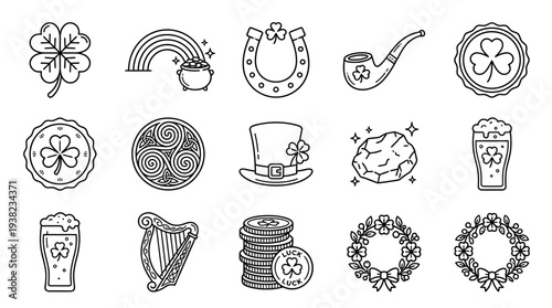 Collection of St. Patrick's Day symbols including shamrocks, leprechauns, and luck icons in a simple line art style