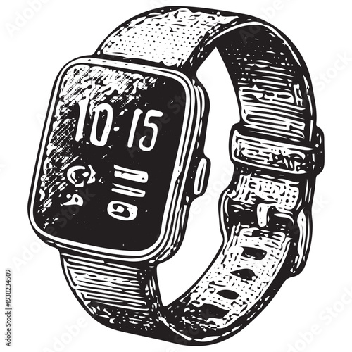 Digital Smartwatch Wearable Device Engraving Illustration Vintage Style Fitness Tracker Technology