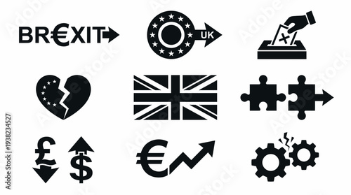 Set of black and white icons representing Brexit, UK exit from EU, voting and financial fluctuation, concept for political analysis, economic concept and news illustration