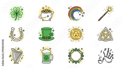 Vibrant Irish icons collection featuring Saint Patrick's Day symbols in traditional style, including shamrocks and leprechauns, viewed from a straightforward perspective.