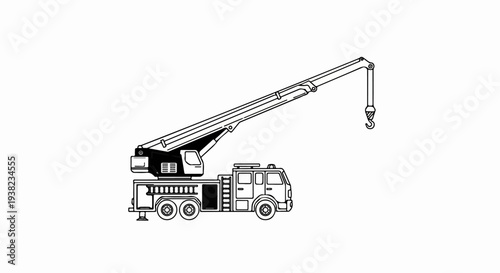 Line drawing of a large, mobile crane vehicle with a hook