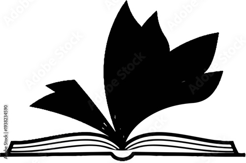 Open book with abstract black ink spreading upwards like wings