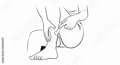 Close-up line art of a person's leg, with fingers examining a swelling