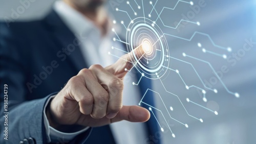 A businessman in a suit interacts with a futuristic digital interface, touching a glowing circular holographic display with circuit-like connections.