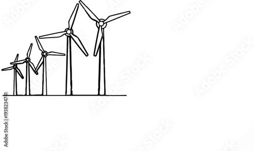 Row of wind turbines, varying in height, on a flat surface