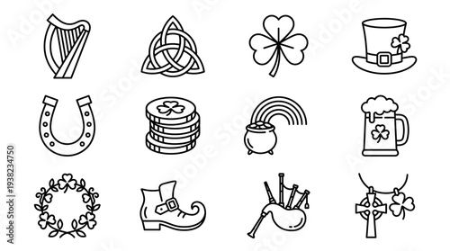 Collection of traditional Irish icons for St. Patrick's Day celebration, featuring symbols like harp, Celtic knot, shamrock, and beer mug, presented in a clean and simple illustration style.