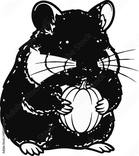 Black and white cartoon of a plump rodent holding a round gourd