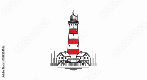 Striking striped lighthouse with surrounding buildings on water