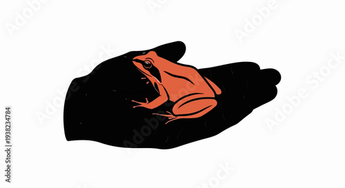 Orange frog rests on a dark, stylized hand