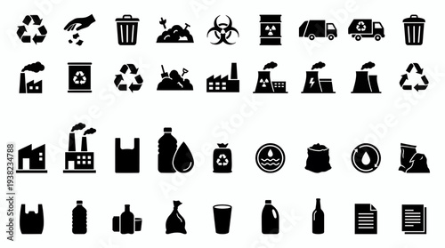 Black and white vector icons set for waste management recycling pollution factory and garbage disposal, concept for environmental campaign, sustainability report and industrial design