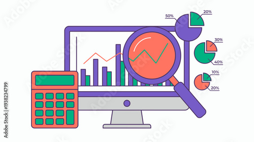 Financial analyst examines monitor displaying bar charts, line graphs and pie charts with a calculator nearby, concept for data analysis, business reporting and financial planning