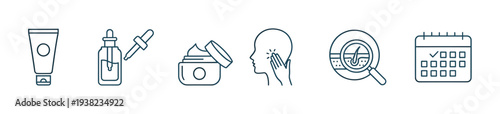 Skincare and hair care routine icons collection illustrating various steps for healthy skin and scalp treatment.